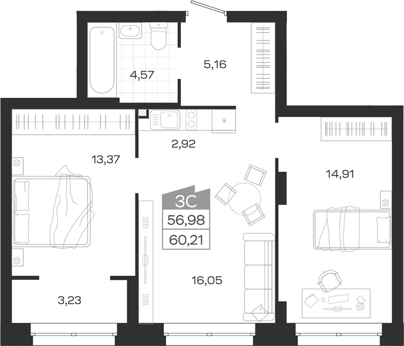 Планировка 3е-к.кв 56.98 м² в ЖК «Ясный Берег»