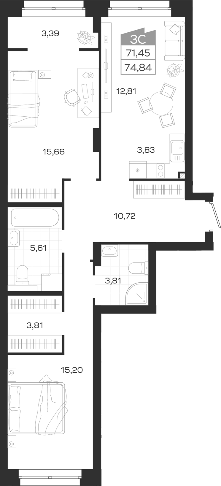 Планировка 3е-к.кв 71.45 м² в ЖК «Ясный Берег»