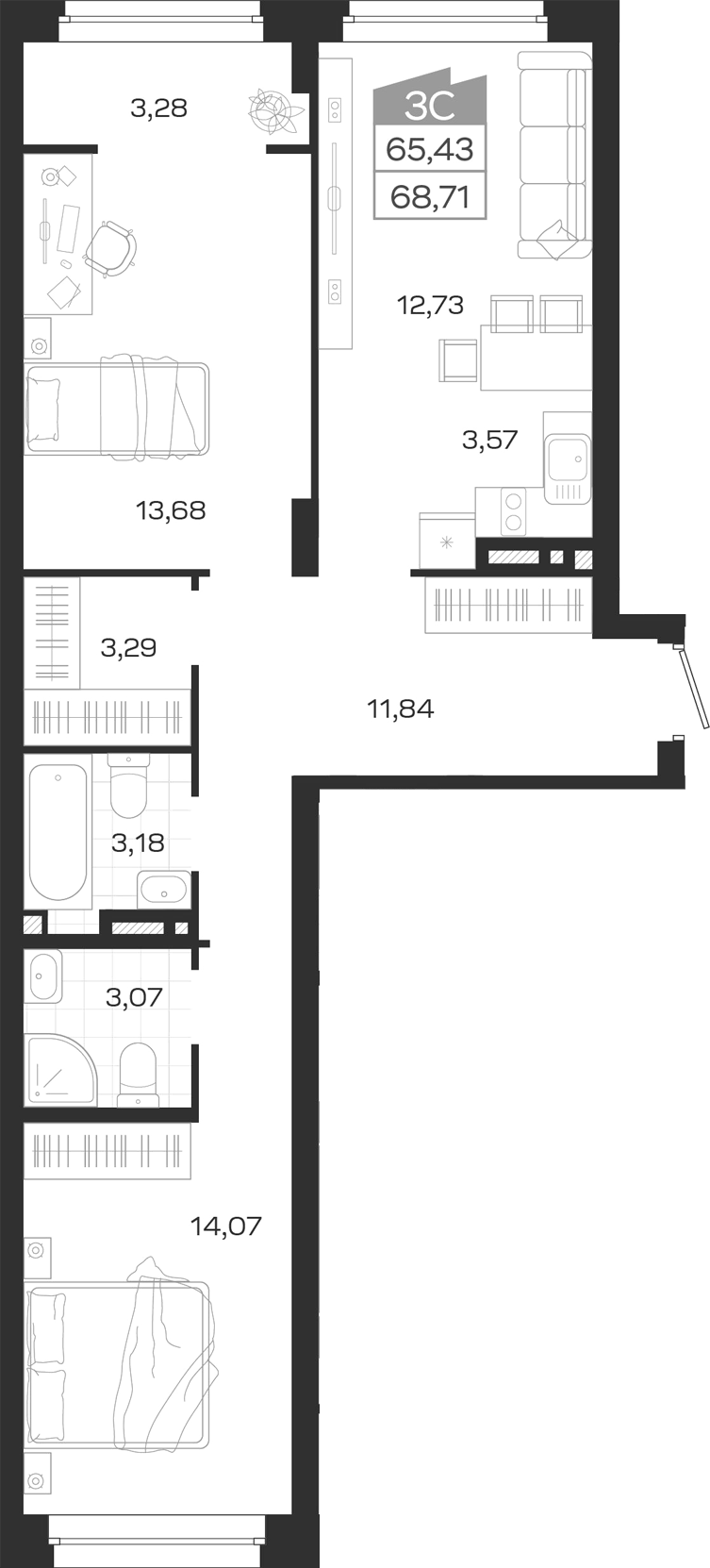 Планировка 3е-к.кв 65.43 м² в ЖК «Ясный Берег»