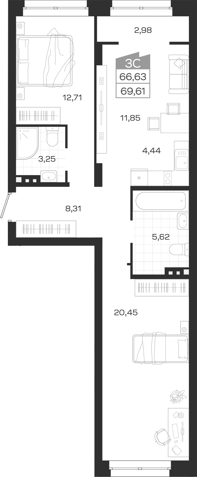Планировка 3е-к.кв 66.63 м² в ЖК «Ясный Берег»