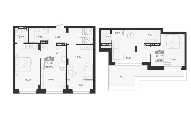 Планировка 4е-к.кв 110.37 м² в ЖК «Ясный Берег»