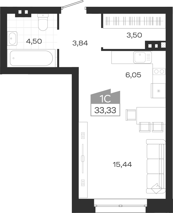 Планировка студии 33.33 м² в ЖК «Ясный Берег»