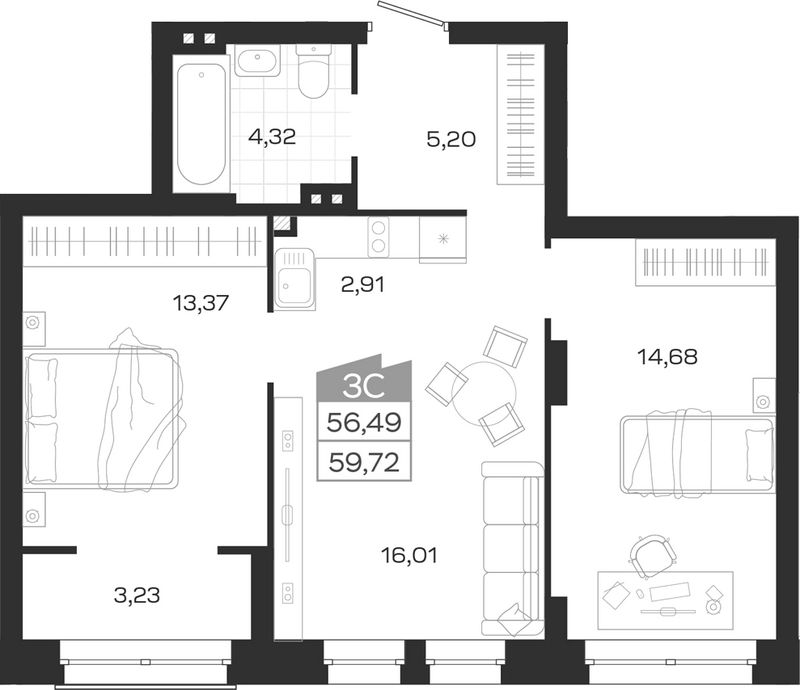 Планировка 3е-к.кв 56.49 м² в ЖК «Ясный Берег»