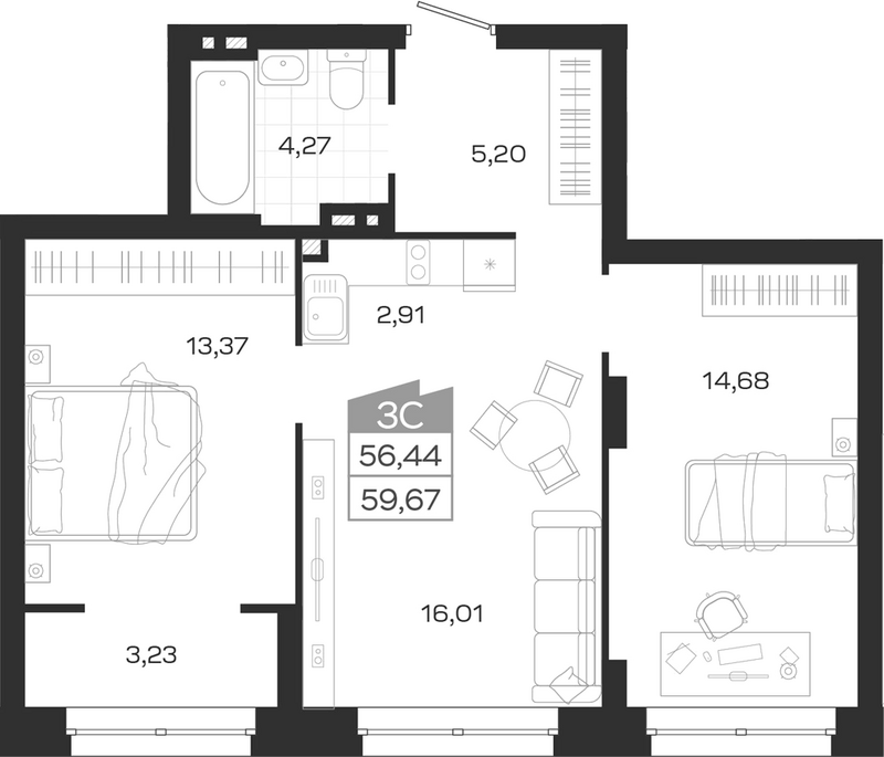 Планировка 3е-к.кв 56.44 м² в ЖК «Ясный Берег»