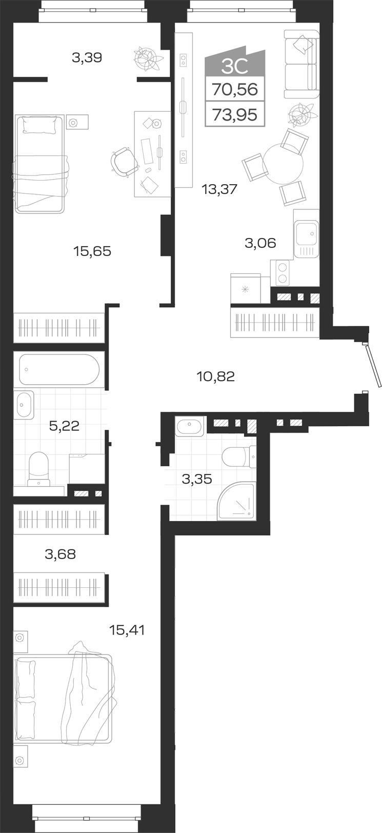 Планировка 3е-к.кв 70.56 м² в ЖК «Ясный Берег»