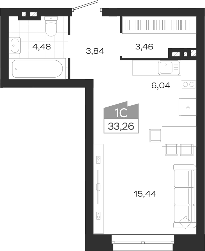 Планировка студии 33.26 м² в ЖК «Ясный Берег»