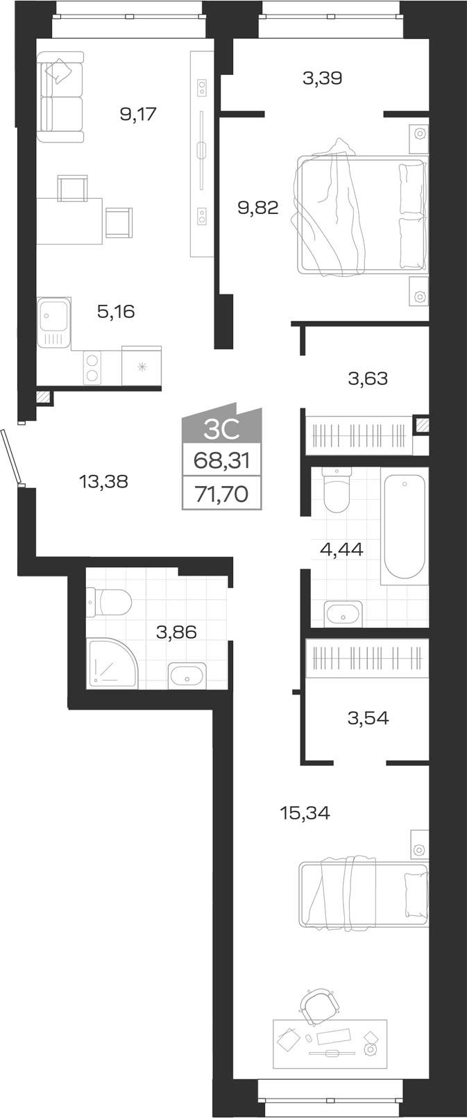 Планировка 3е-к.кв 68.31 м² в ЖК «Ясный Берег»