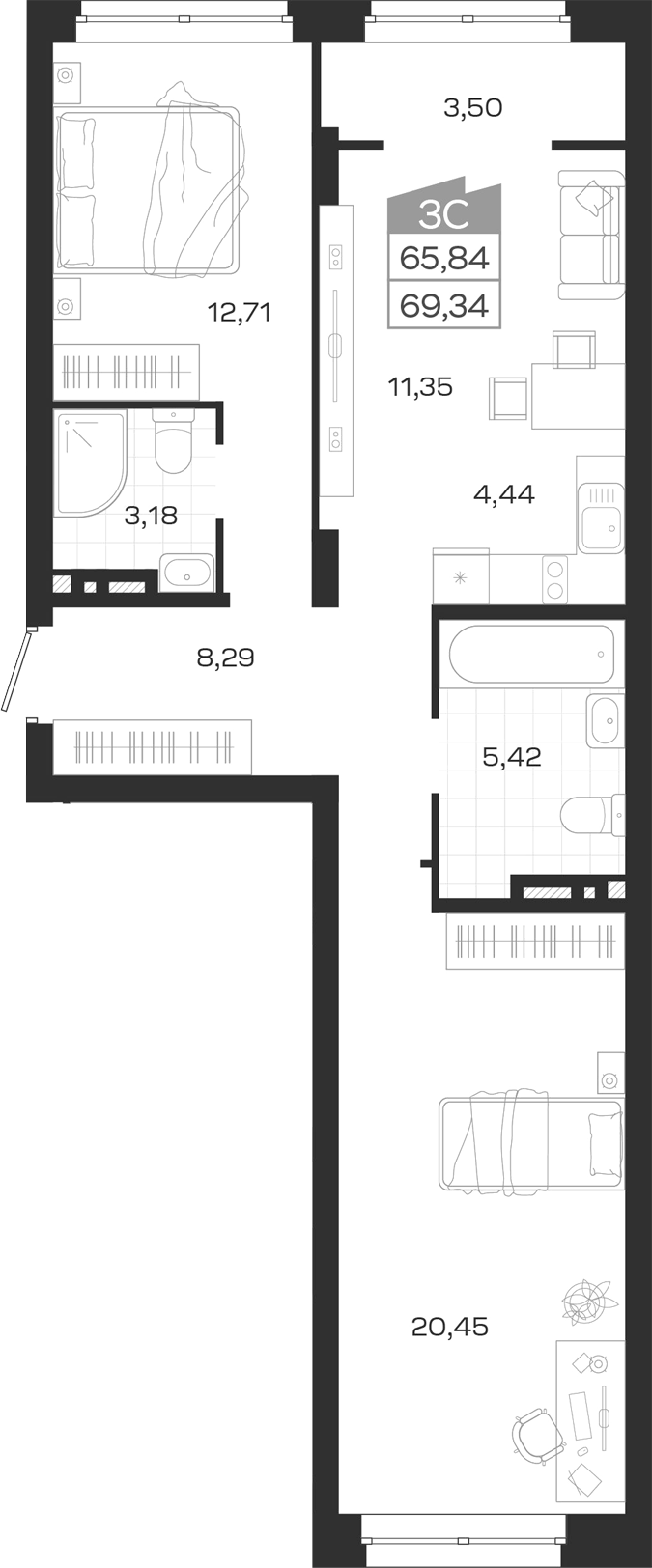 Планировка 3е-к.кв 65.84 м² в ЖК «Ясный Берег»