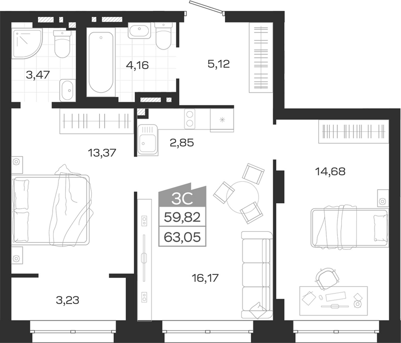 Планировка 3е-к.кв 59.82 м² в ЖК «Ясный Берег»