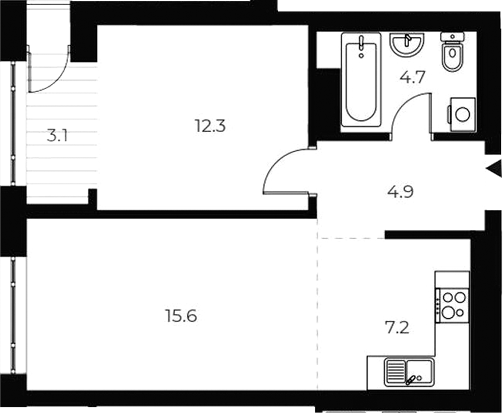 Планировка 2е-к.кв 44.70 м² в ЖК «ОСКАР»
