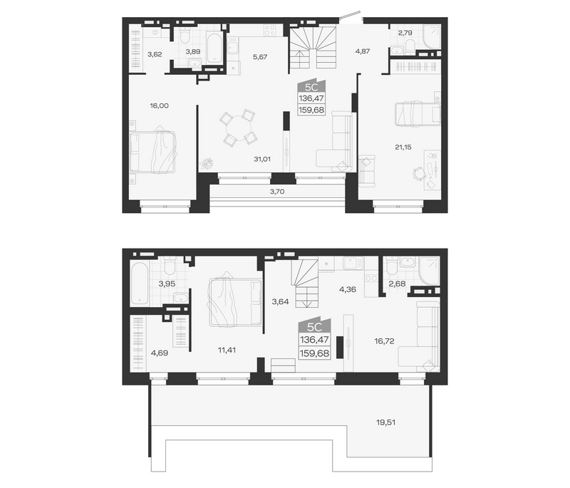 Планировка 5е-к.кв 136.47 м² в ЖК «Ясный Берег»