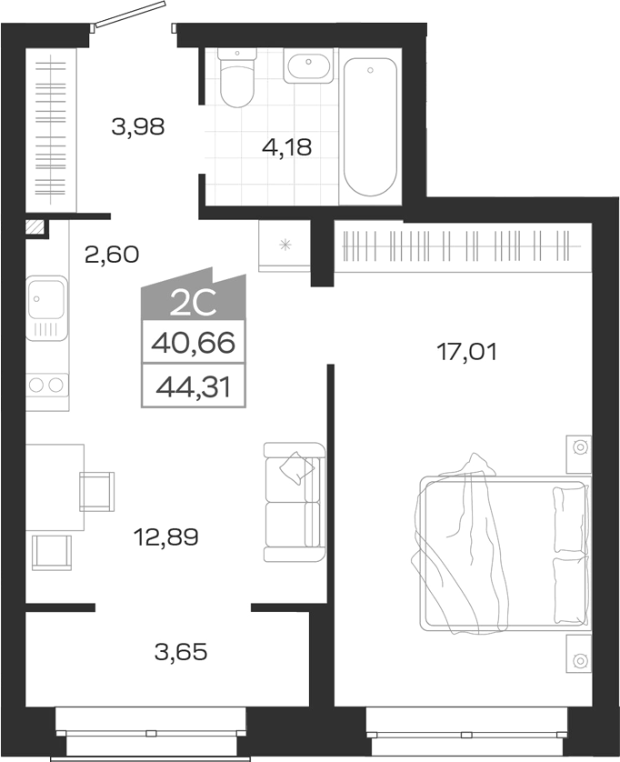 Планировка 2е-к.кв 40.66 м² в ЖК «Ясный Берег»