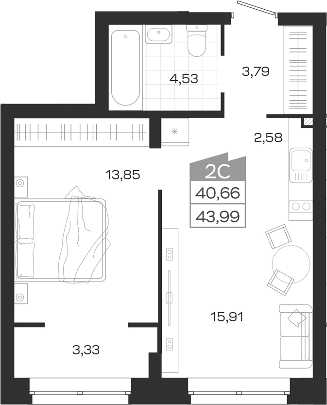 Планировка 2е-к.кв 40.66 м² в ЖК «Ясный Берег»