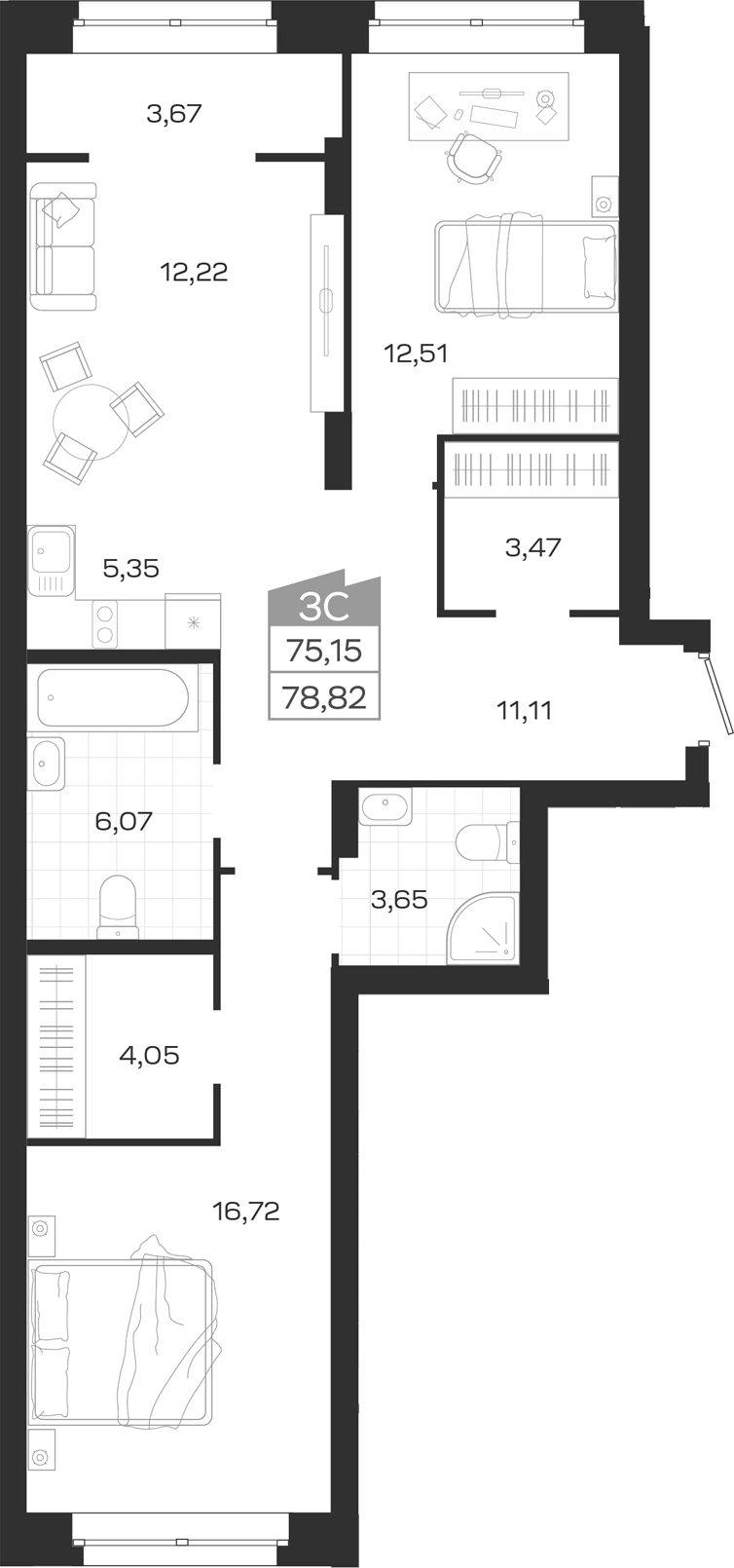 Планировка 3е-к.кв 75.35 м² в ЖК «Ясный Берег»
