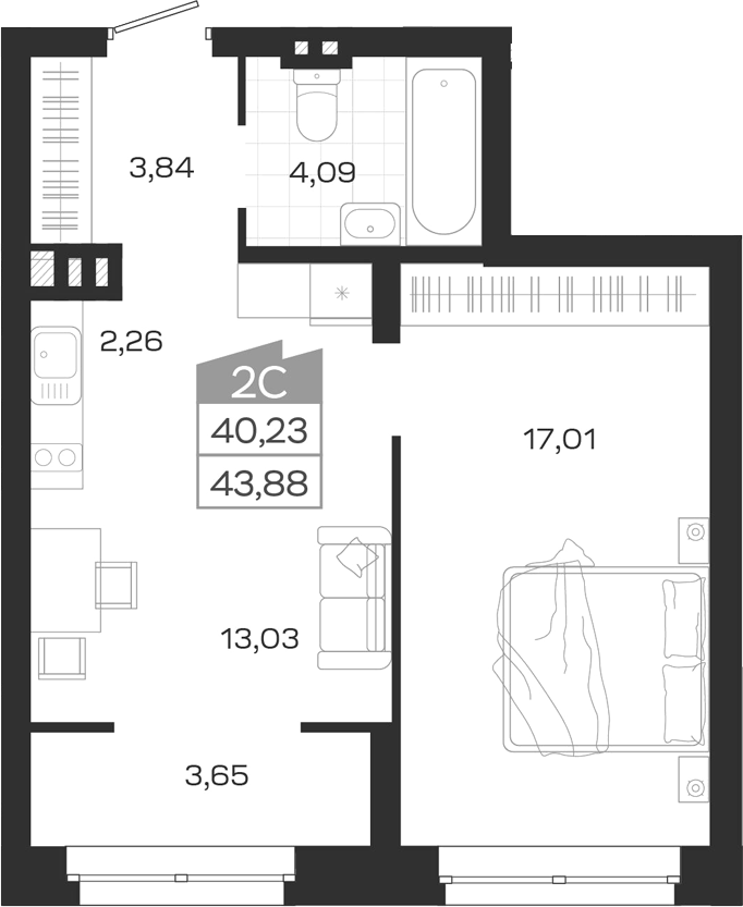 Планировка 2е-к.кв 40.23 м² в ЖК «Ясный Берег»