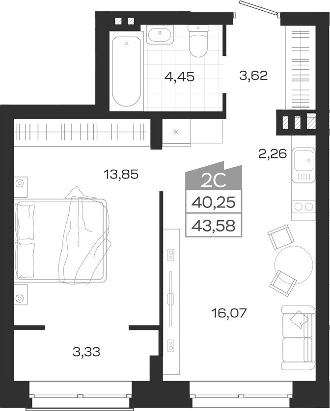 Планировка 2е-к.кв 40.25 м² в ЖК «Ясный Берег»