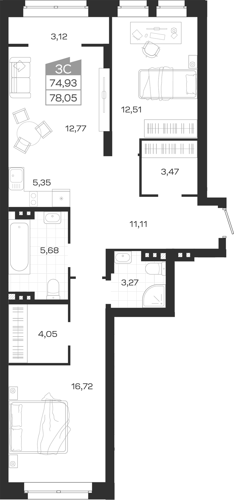 Планировка 3е-к.кв 74.93 м² в ЖК «Ясный Берег»