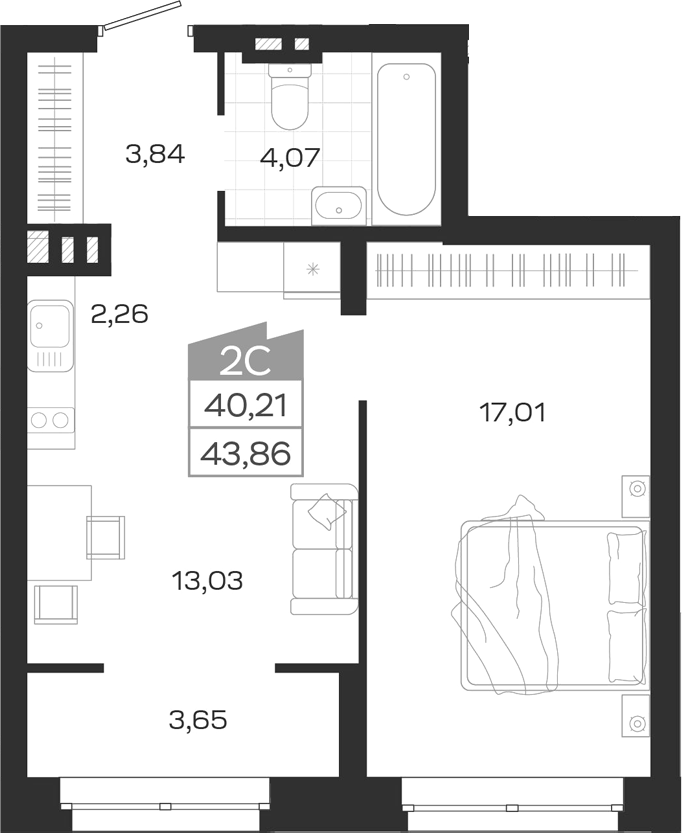 Планировка 2е-к.кв 40.21 м² в ЖК «Ясный Берег»