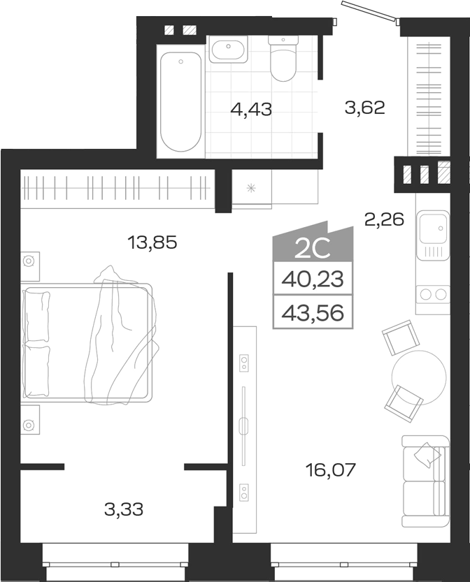 Планировка 2е-к.кв 40.23 м² в ЖК «Ясный Берег»