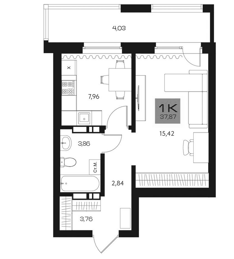 Планировка 1-к.кв 33.84 м² в ЖК «Параграф. Томск»