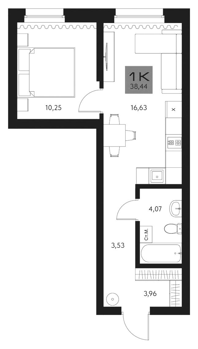 Планировка 2е-к.кв 38.44 м² в ЖК «Параграф. Томск»