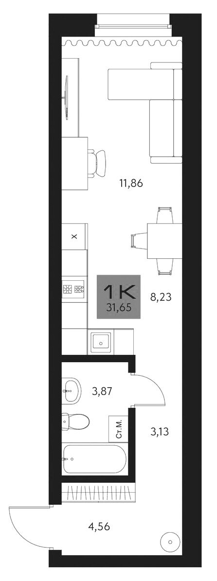 Планировка студии 31.65 м² в ЖК «Параграф. Томск»