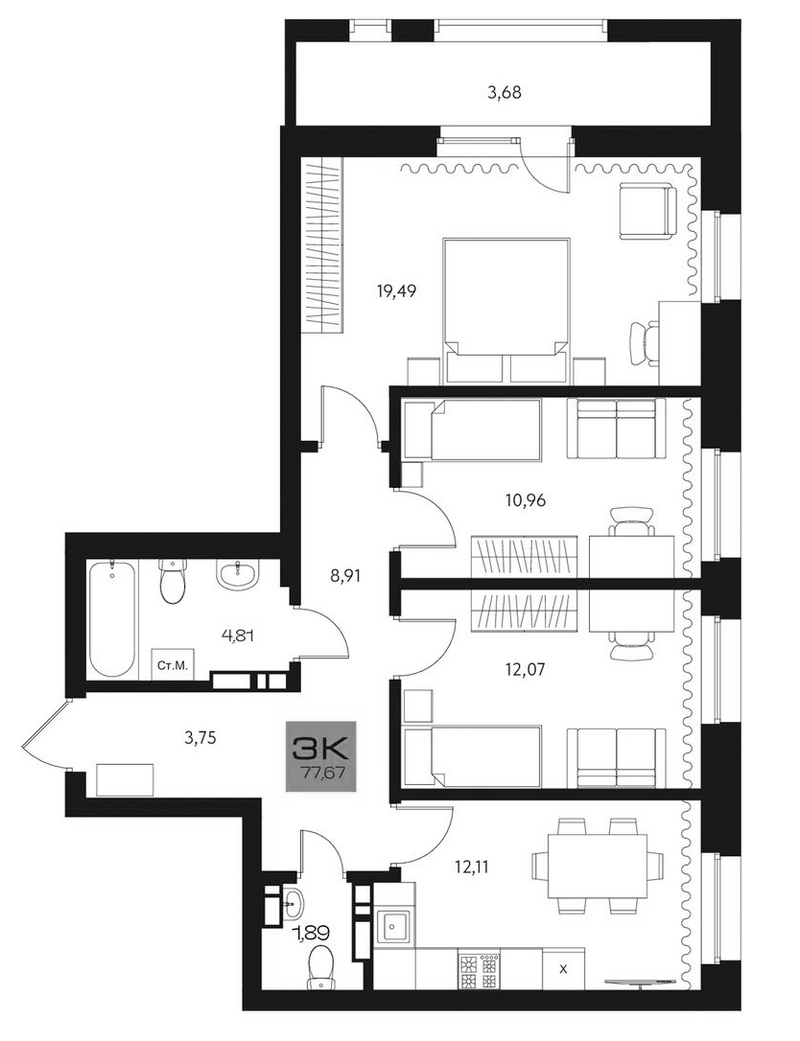 Планировка 3-к.кв 73.99 м² в ЖК «Параграф. Томск»