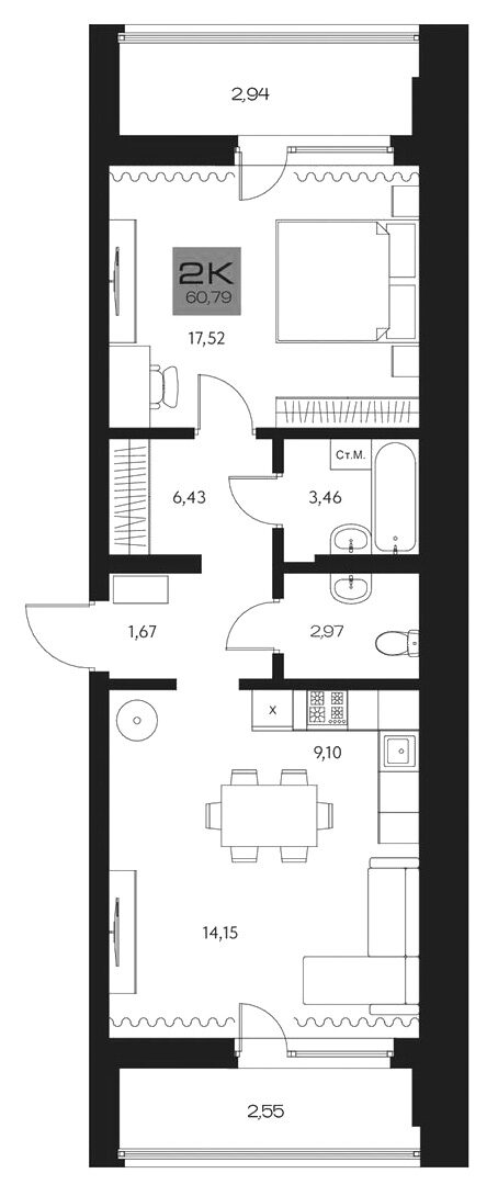 Планировка 2е-к.кв 55.30 м² в ЖК «Параграф. Томск»