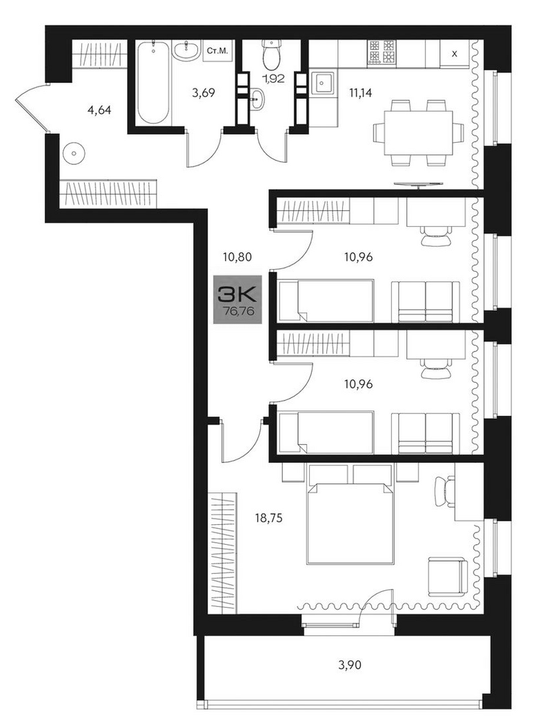 Планировка 3-к.кв 72.86 м² в ЖК «Параграф. Томск»