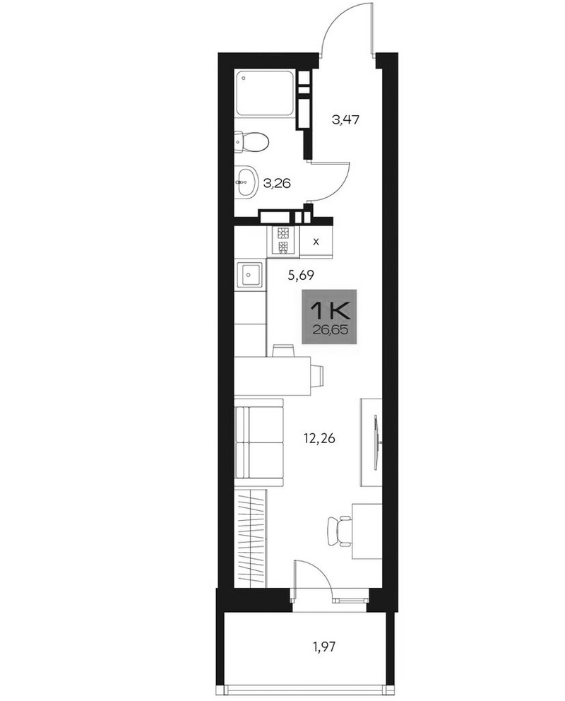 Планировка студии 24.63 м² в ЖК «Параграф. Томск»