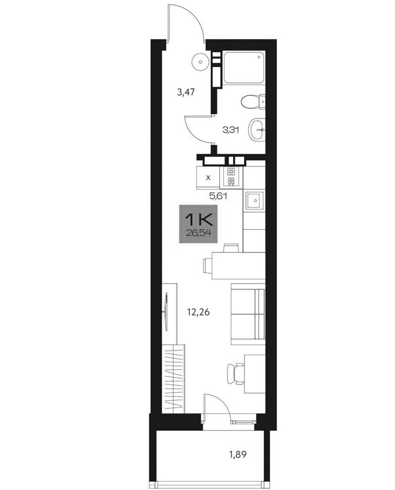 Планировка студии 24.65 м² в ЖК «Параграф. Томск»
