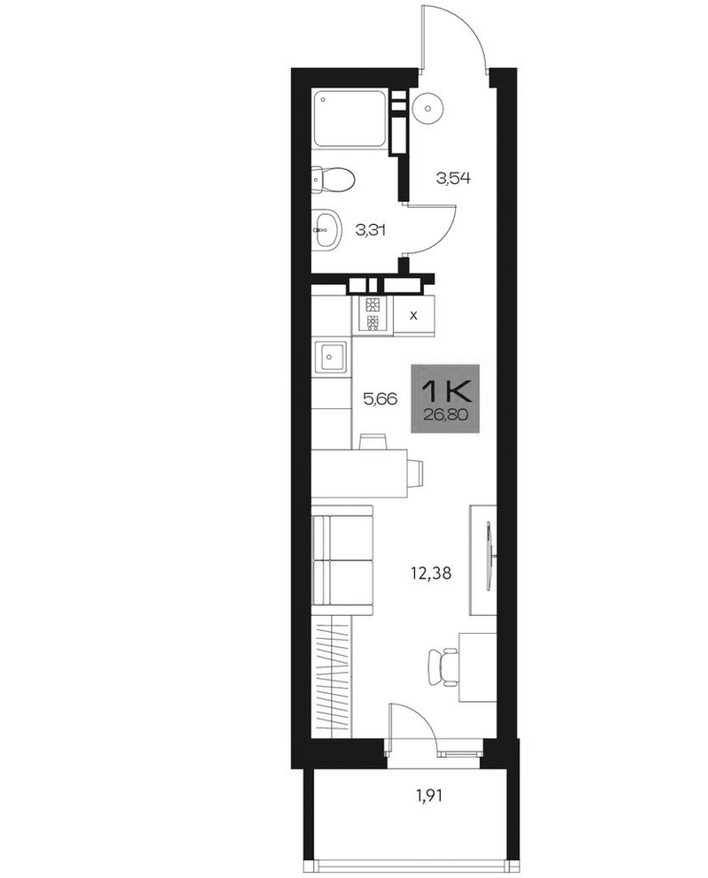 Планировка студии 24.89 м² в ЖК «Параграф. Томск»