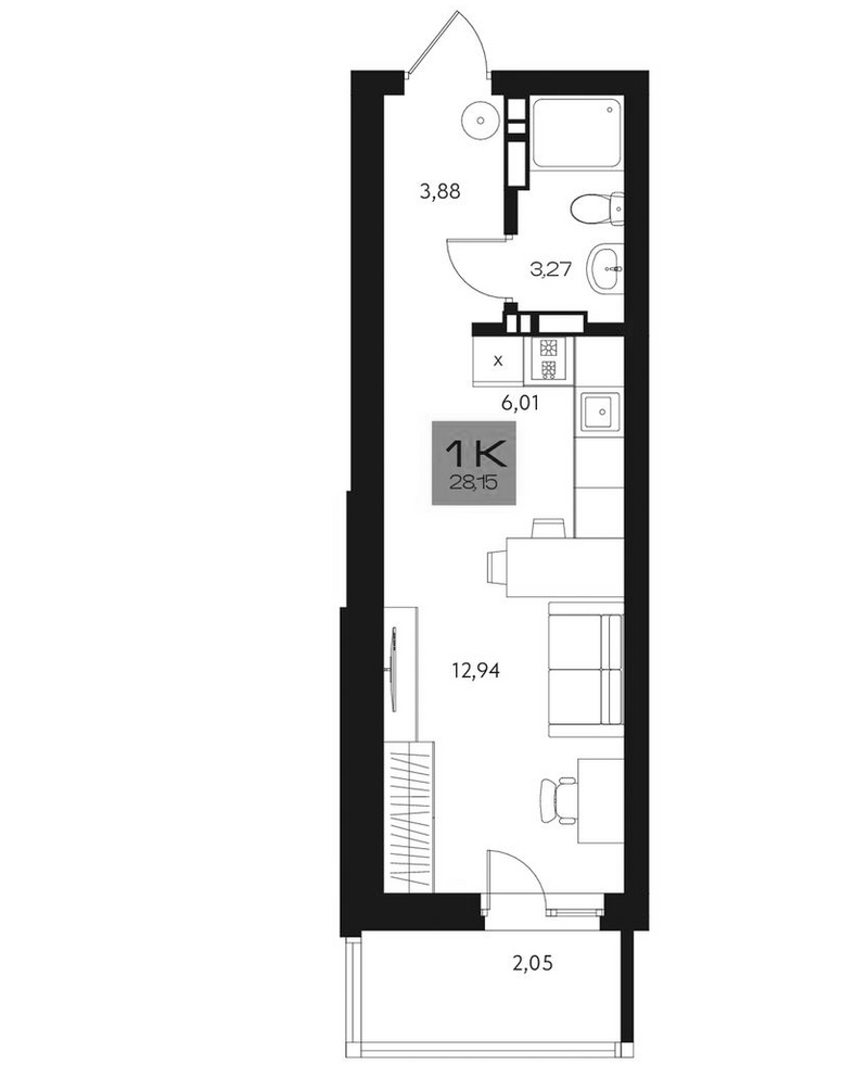 Планировка студии 26.10 м² в ЖК «Параграф. Томск»