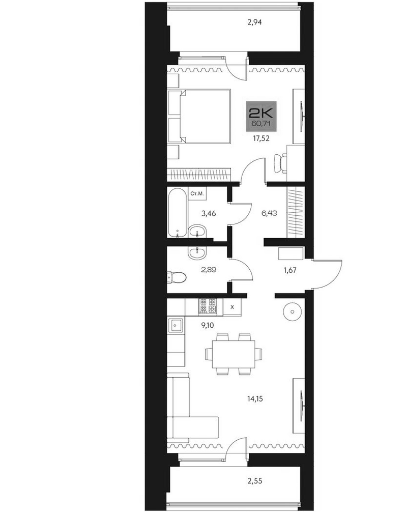 Планировка 2е-к.кв 55.22 м² в ЖК «Параграф. Томск»