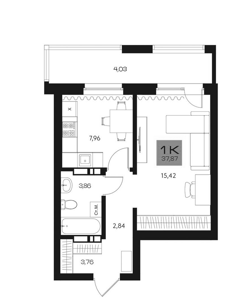 Планировка 1-к.кв 33.84 м² в ЖК «Параграф. Томск»