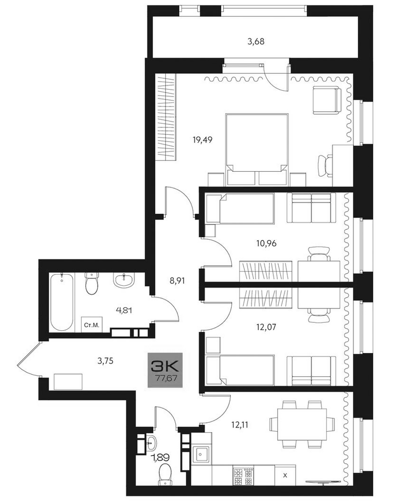 Планировка 3-к.кв 73.99 м² в ЖК «Параграф. Томск»