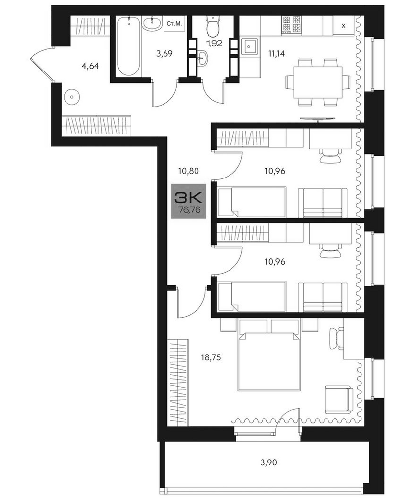 Планировка 3-к.кв 72.86 м² в ЖК «Параграф. Томск»