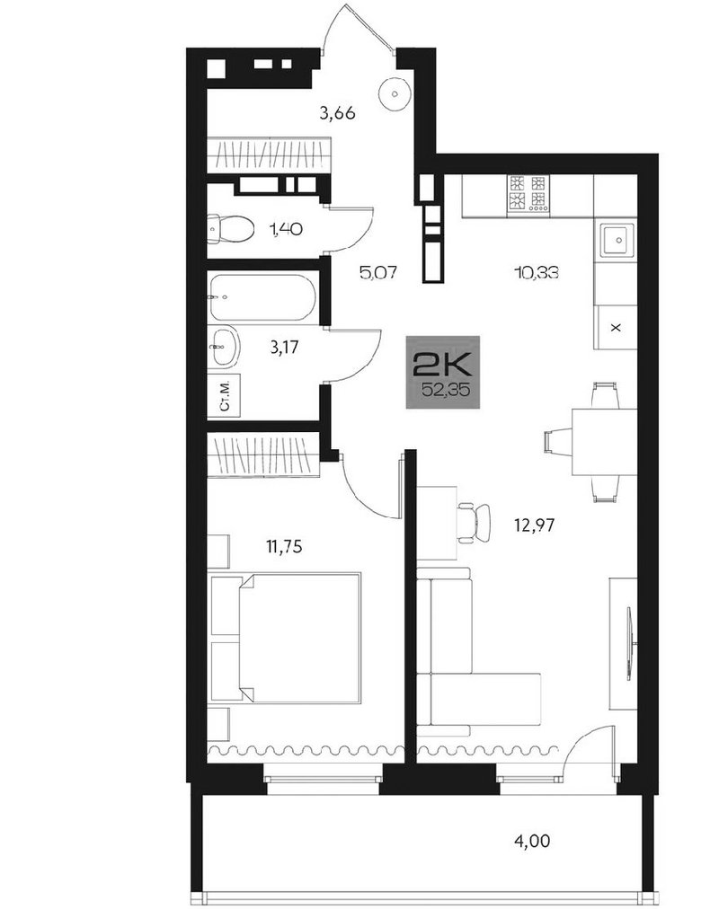 Планировка 2е-к.кв 48.35 м² в ЖК «Параграф. Томск»
