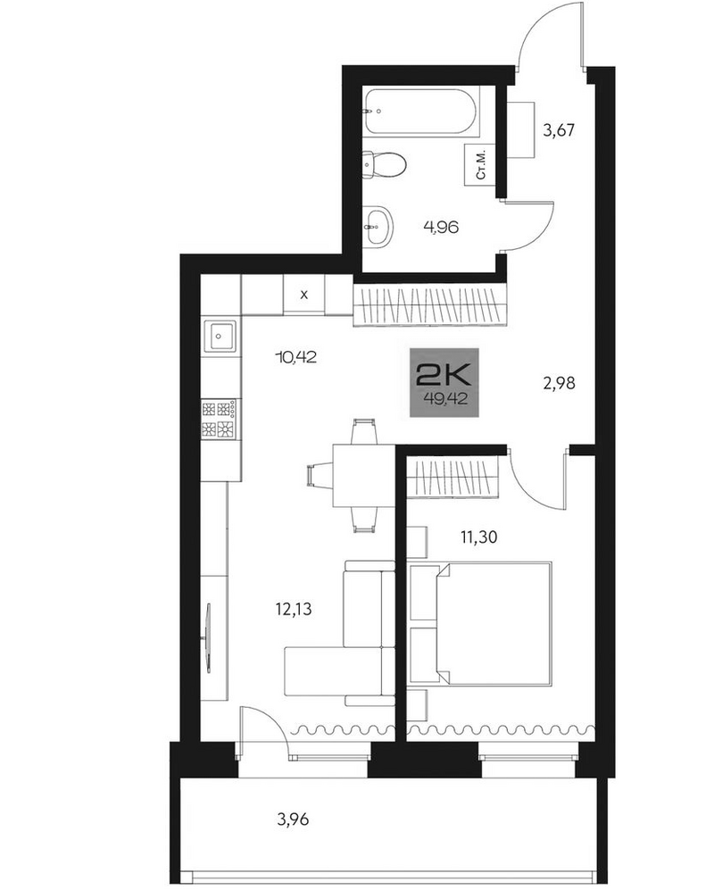 Планировка 2е-к.кв 45.46 м² в ЖК «Параграф. Томск»