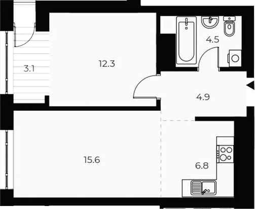 Планировка 2е-к.кв 44.10 м² в ЖК «ОСКАР»