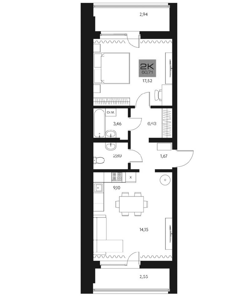 Планировка 2е-к.кв 55.22 м² в ЖК «Параграф. Томск»