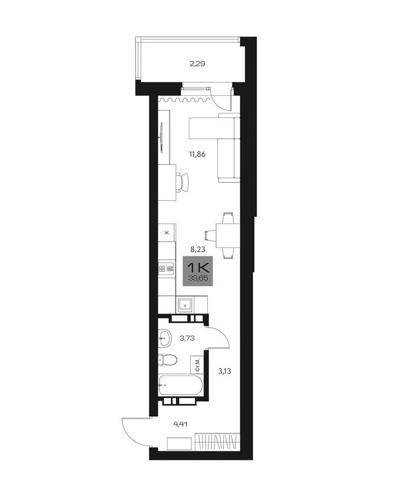 Планировка студии 31.36 м² в ЖК «Параграф. Томск»