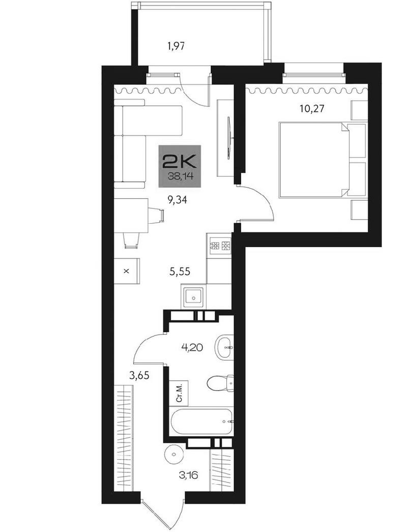 Планировка 2е-к.кв 36.17 м² в ЖК «Параграф. Томск»