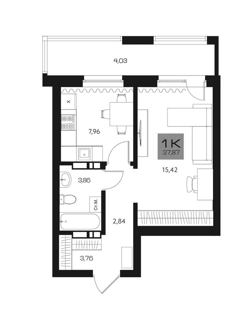 Планировка 1-к.кв 33.84 м² в ЖК «Параграф. Томск»