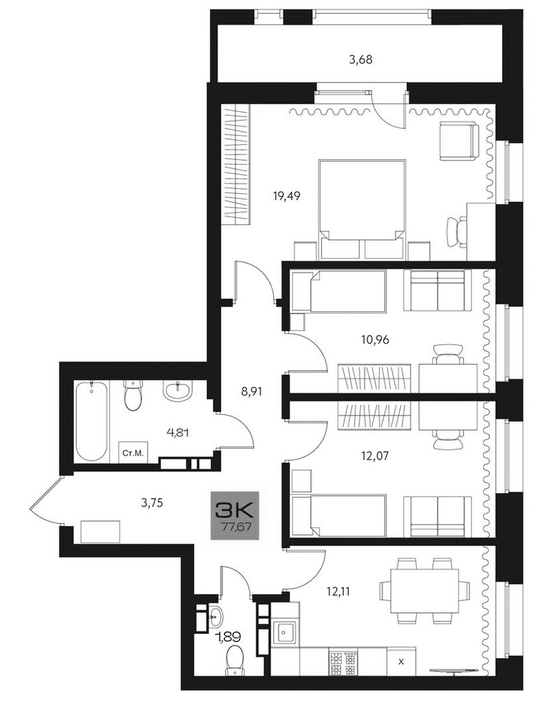Планировка 3-к.кв 73.99 м² в ЖК «Параграф. Томск»