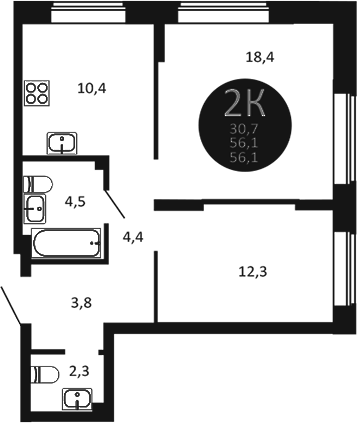 Планировка 2-к. квартира 56.10 м² в ЖК «Первый на Есенина»