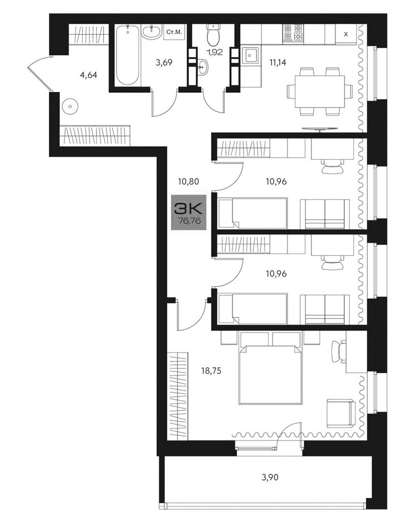 Планировка 3-к.кв 72.86 м² в ЖК «Параграф. Томск»