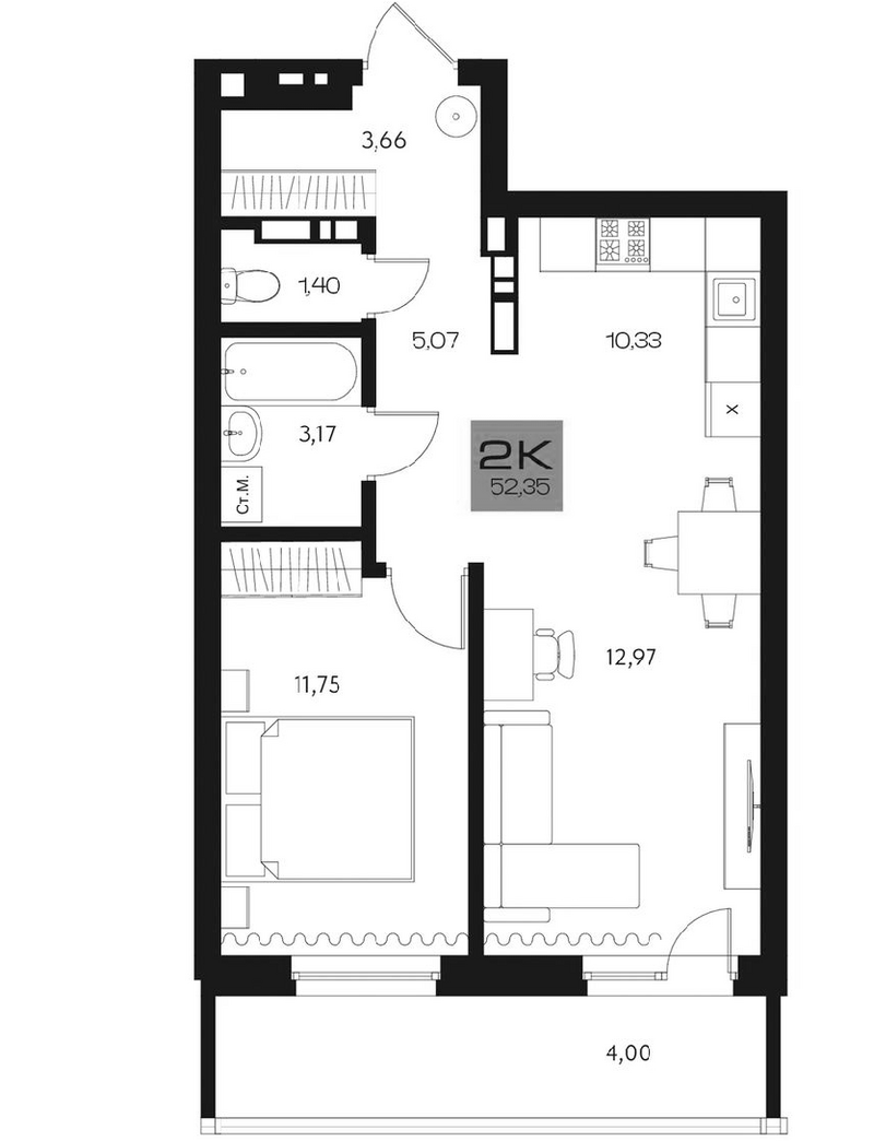 Планировка 2е-к.кв 48.35 м² в ЖК «Параграф. Томск»