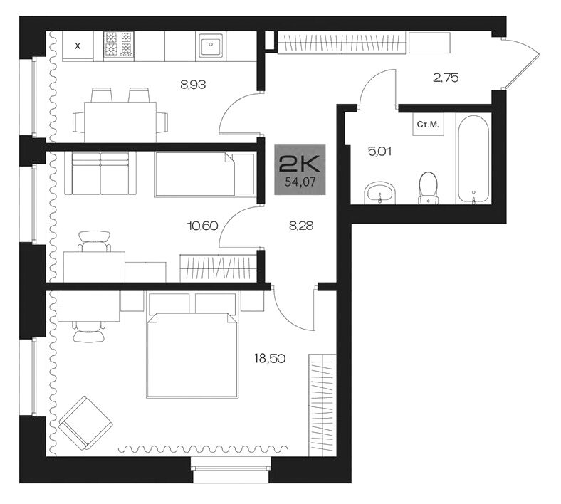 Планировка 2-к.кв 54.07 м² в ЖК «Параграф. Томск»