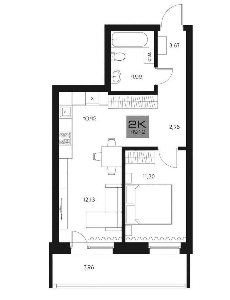Планировка 2е-к.кв 45.46 м² в ЖК «Параграф. Томск»
